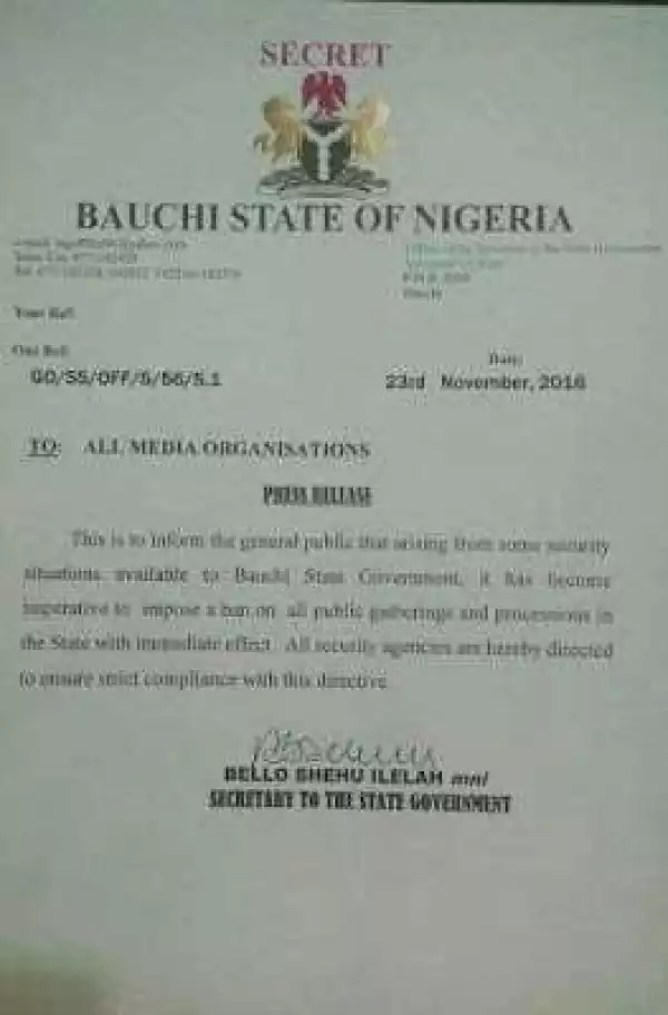 Security: Bauchi State Govt impose ban on public gatherings and processions with immediate effect